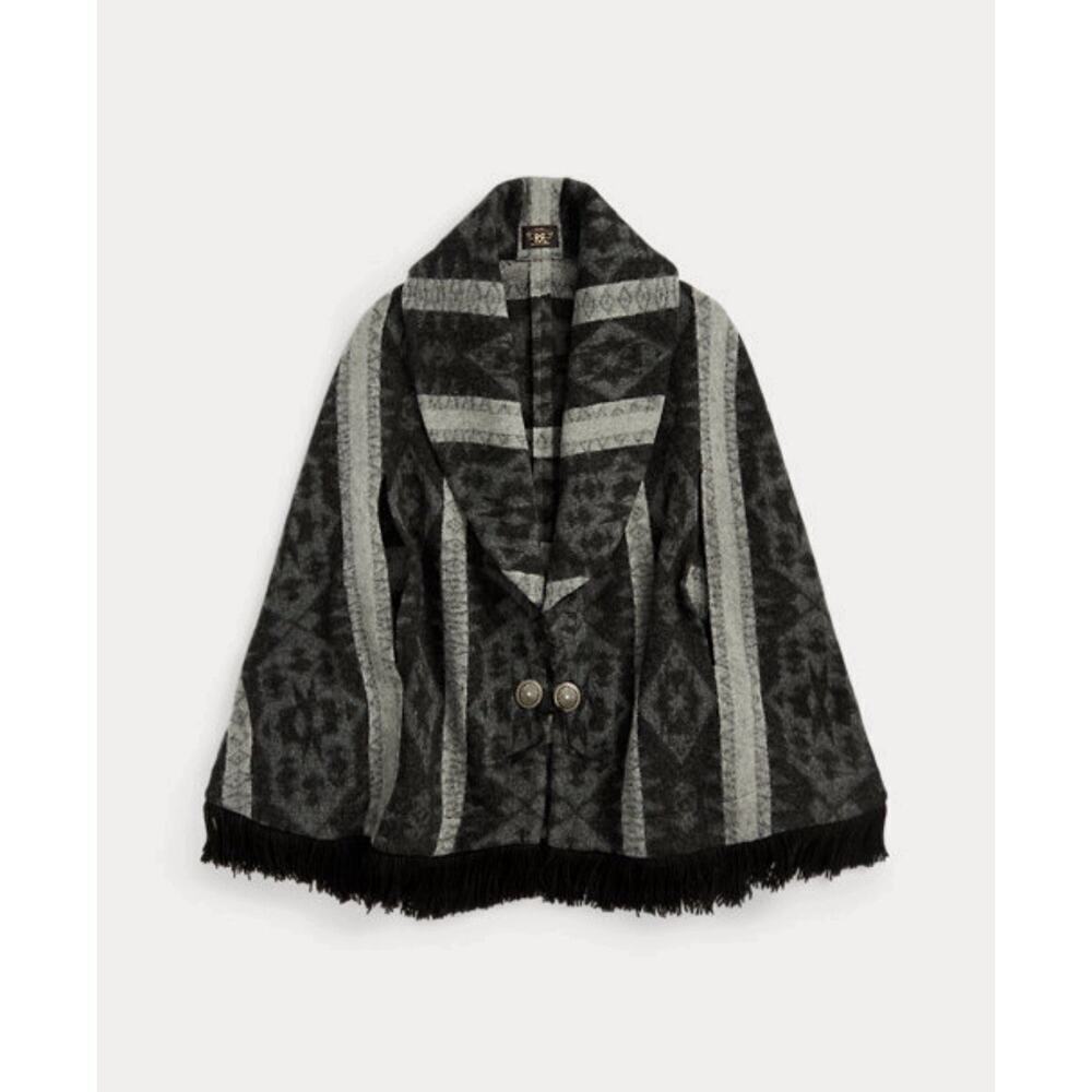 RRL Ralph Lauren Women’s Fringe Trim Wool Blend Jacquard Cape Shawl Coat XS / S - Picture 2 of 9